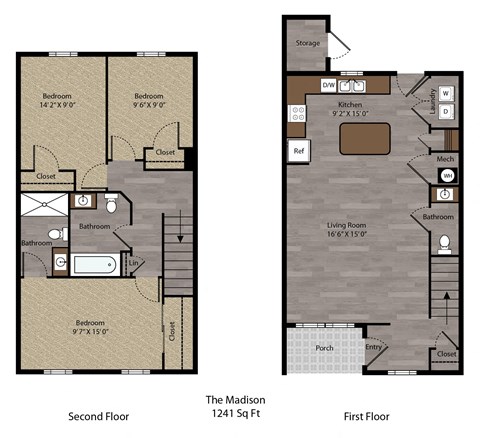 Floor plan for 3 beds, 2.5 baths, 1241 sqft